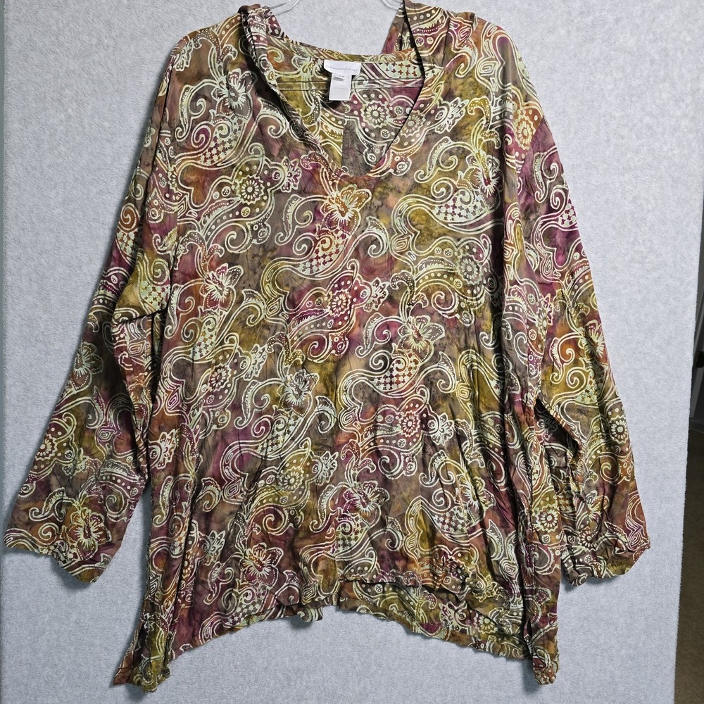Soft Surroundings Womens 2X Paisley Boho Tunic V Neck Artsy Top Long Sleeve Hood